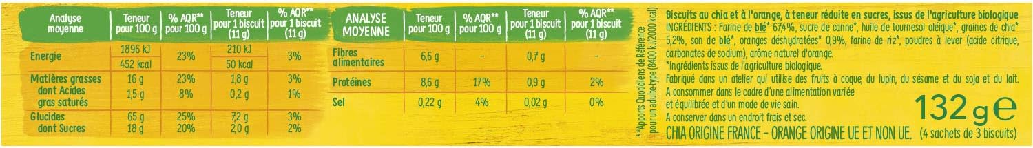 GERBLÉ BIO – Sablés Orange Graines de Chia – Biscuits Fruités et Croquants – Réduits en Sucres – Sans Huile de Palme – Nutri-Score A – 4 Sachets Individuels – 12 Sablés – 132 g Orange 132 g (Lot de 1)