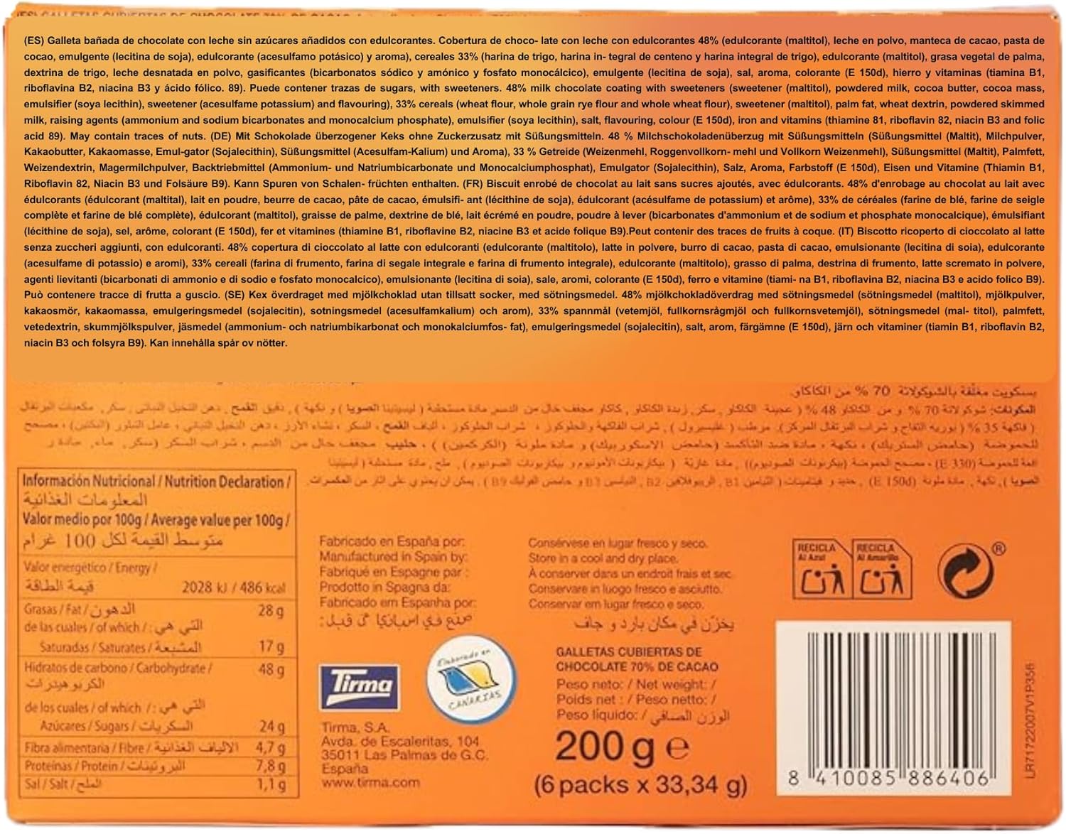 Tirma Biscuits à l'Orange enrobés de Chocolat Noir 200g - Snack Sucré et Végétarien - Idéal pour Goûter - Canaries (Lot de 3) Moyen (Lot de 3)