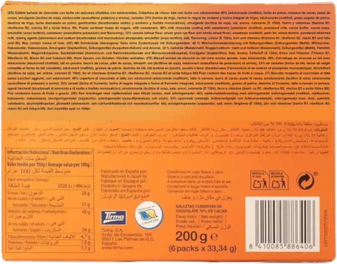 Tirma Biscuits à l'Orange enrobés de Chocolat Noir 200g - Snack Sucré et Végétarien - Idéal pour Goûter - Canaries (Lot de 3) Moyen (Lot de 3)