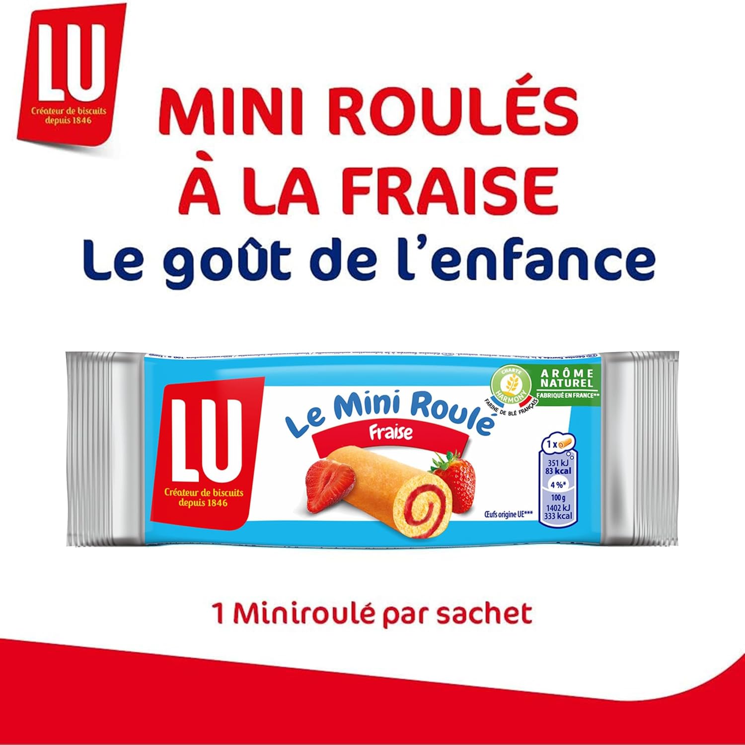 LULU Miniroulés à la Fraise - Génoise Tendre et Moelleuse - Gâteau à la Fraise - Lot de Gâteaux Individuels - Idéal pour le Goûter des Enfants - Fabriqué en France - Pack de 180 Sachets de 25 g