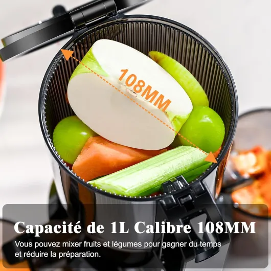 Extracteur de Jus, Fretta Extracteur de Jus de Fruits et Légumes Entiers, Grande Ouverture de 108mm Slow Juicer, 1L Capacité, Pression à Froid, Facile à Nettoyer, Sans BPA, 200W(Noir) 1L Noir Brillant