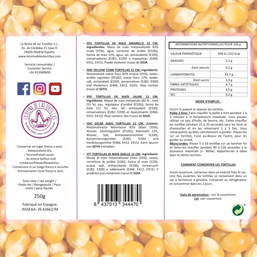 , Tortillas Mexicaines de Maïs Jaune, Sans Gluten, Végan, Diamètre 12cm, Maïs Nixtamalisé, 11 Pièces, 260g