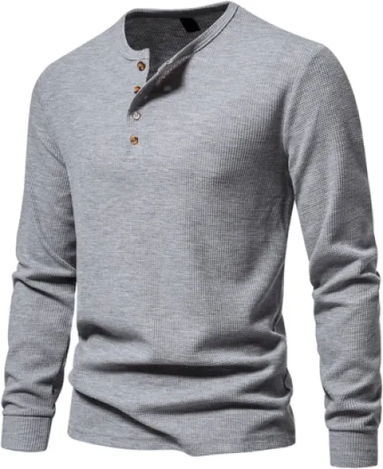 Homme T-Shirt Col Tunisien Manches Longues Tee Shirts Chic Chemisier Casual Slim Fit Blouse Col V Mode Casual Chemise Homme Sweatshirts Automne Hommes Manches Longues Chemise de Course Sport Gris L