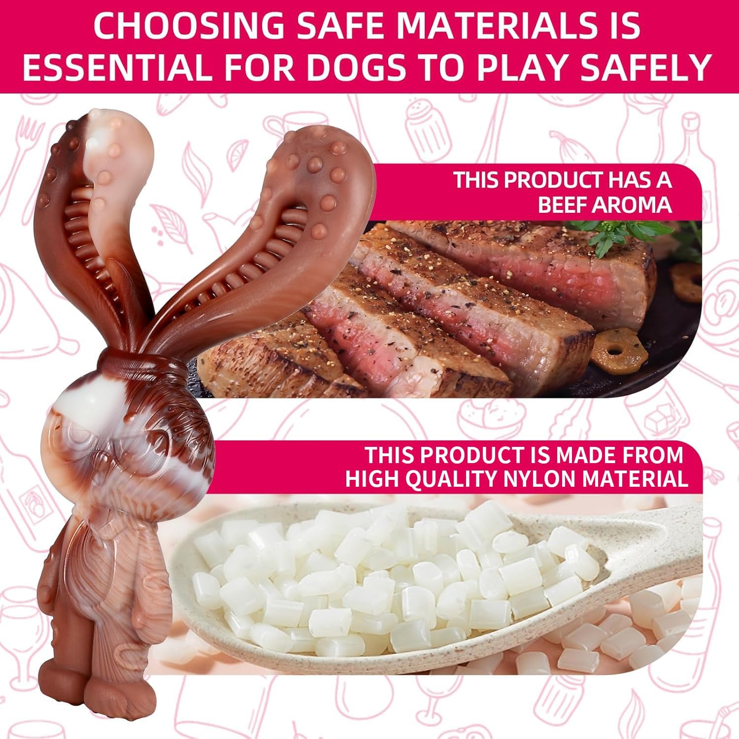 Jouets Indestructibles pour Chiens à Mâcher, Jouets Durables en Nylon Saveur de Boeuf, Robustes pour Chiens de Taille Moyenne et Grande Taille, Brossage des Dents (Lapin)