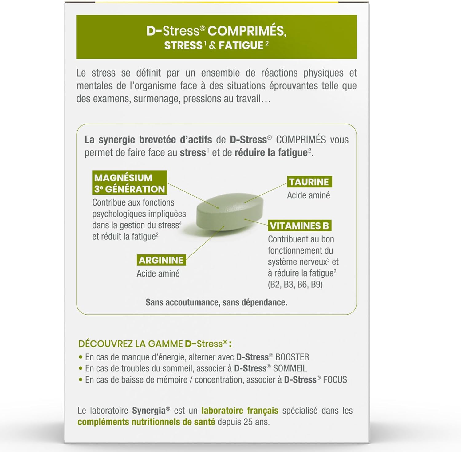 D-STRESS COMPRIMÉS 80 comprimés - Magnésium de 3ème Génération + Taurine + Arginine + Vitamines B - Gère le Stress du Quotidien et Réduit la Fatigue - LABORATOIRE SYNERGIA