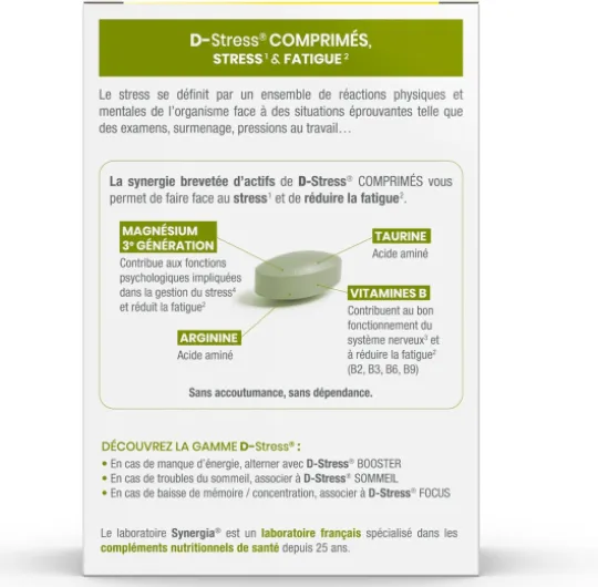 D-STRESS COMPRIMÉS 80 comprimés - Magnésium de 3ème Génération + Taurine + Arginine + Vitamines B - Gère le Stress du Quotidien et Réduit la Fatigue - LABORATOIRE SYNERGIA