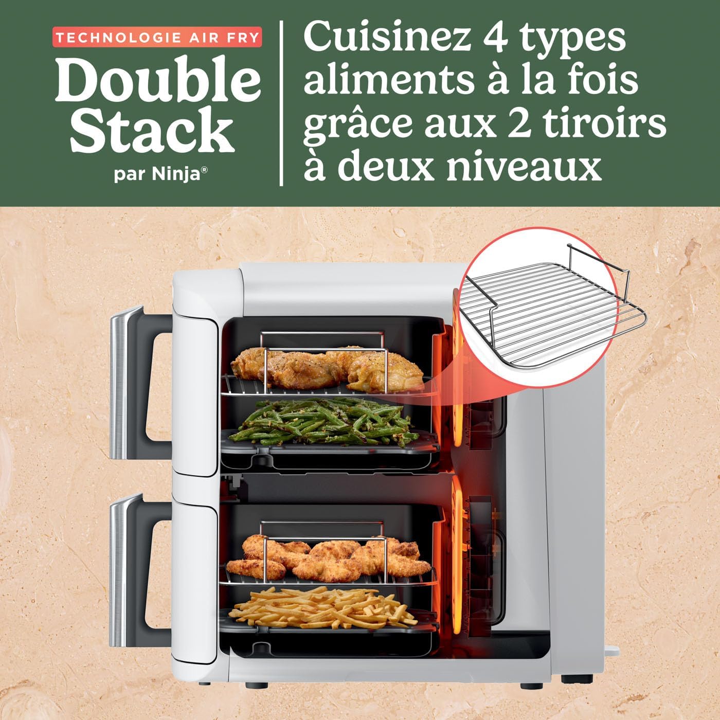 Double Stack XL Air Fryer, Friteuse sans huile Verticale Double Tiroir 4 Niveaux de Cuisson, 2 Tiroirs, 2 Grilles, Capacité de 9,5 L, 6 Fonctions, 8 Portions, Pinces, Blanc SL400EUWH