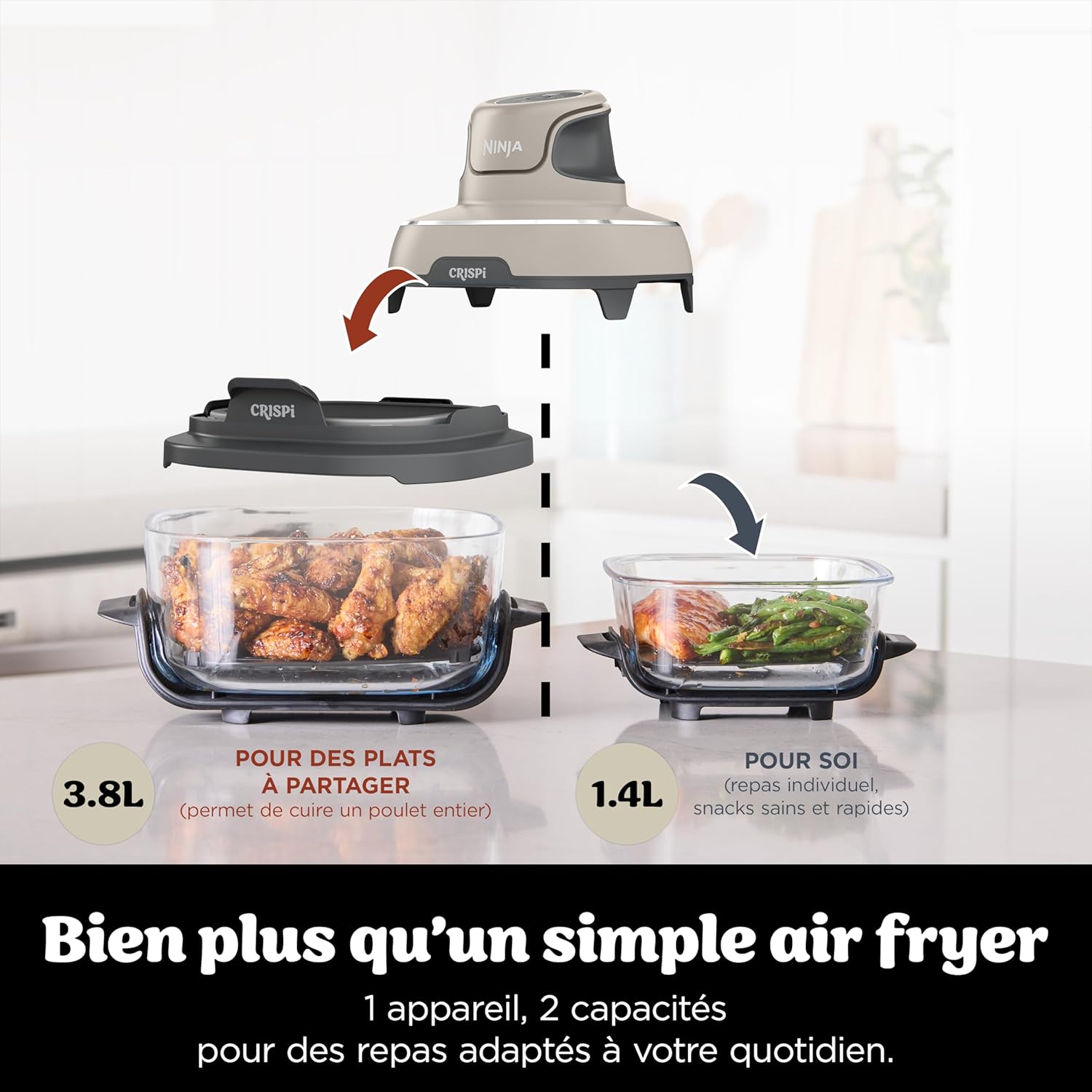 CRISPi Friteuse sans huile portable, 3,8L, 4-en-1 : Frire sans huile, Rôtir, Garder au chaud, Recroustiller, Design compact, 2 récipients avec couvercles, 1 700 W, Pierre FN101EUST