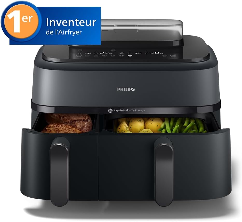 Airfryer Série 5000 - Air Fryer double panier avec cuisson vapeur, 9L, RapidAir, 19 modes de cuisson, jusqu'à 90% de matières grasses en moins, AirSteam, nettoyage vapeur, HomeID (NA550/00) Double tiroir + Fonction Vapeur