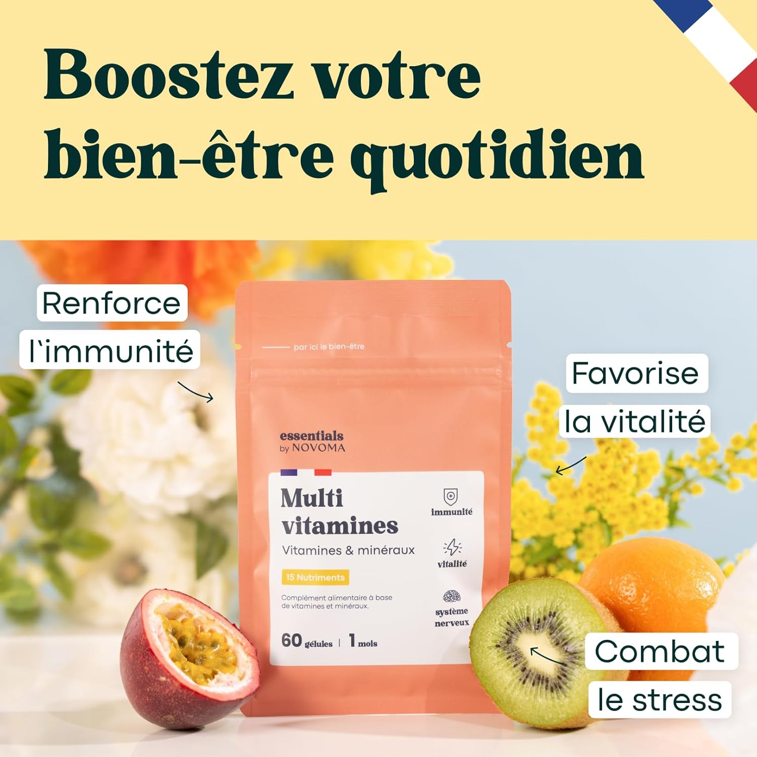 Multivitamines et Minéraux, 15 Nutriments Essentiels, Vitamines A B C D E + Magnésium & Zinc, Immunité & Énergie, 60 gélules Vegan, Cure de 1 mois, Fabriqué en France, Essentials by Novoma 60 unité (Lot de 1)