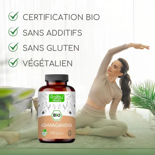 Ashwagandha BIO - 270 Gélules - Extra Fort : 2400 mg/jour - Ashwagandha Biologique Certifiée (Ginseng Indien/Withania Somnifera) - Sans Additifs, Végétalien - Pour votre Bien-être - Raibu