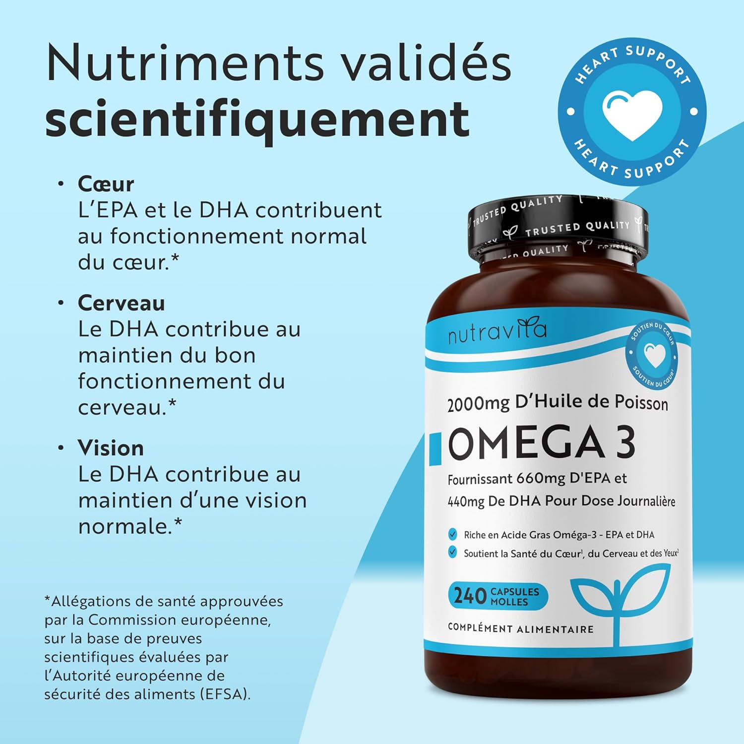 Omega 3 Huile de Poissons 2000mg - 240 Gélules (120 Jours) - Haute Concentration en EPA (660mg) & DHA (440mg) Soutien Fonction Cardiaque et une Vision Normale - Fabriqué par Nutravita 240 unité (Lot de 1)