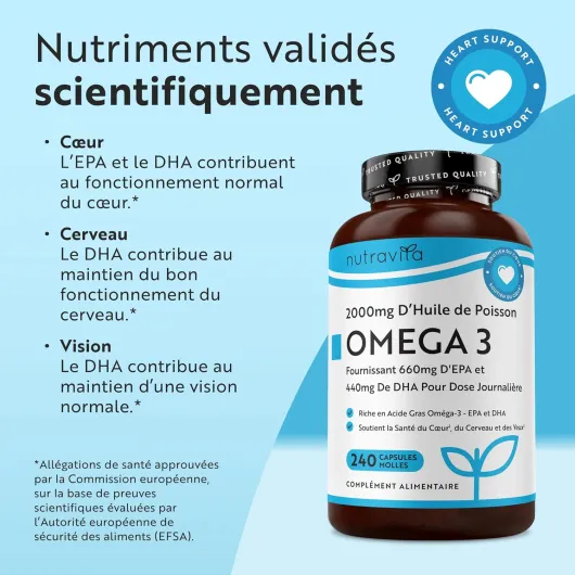 Omega 3 Huile de Poissons 2000mg - 240 Gélules (120 Jours) - Haute Concentration en EPA (660mg) & DHA (440mg) Soutien Fonction Cardiaque et une Vision Normale - Fabriqué par Nutravita 240 unité (Lot de 1)