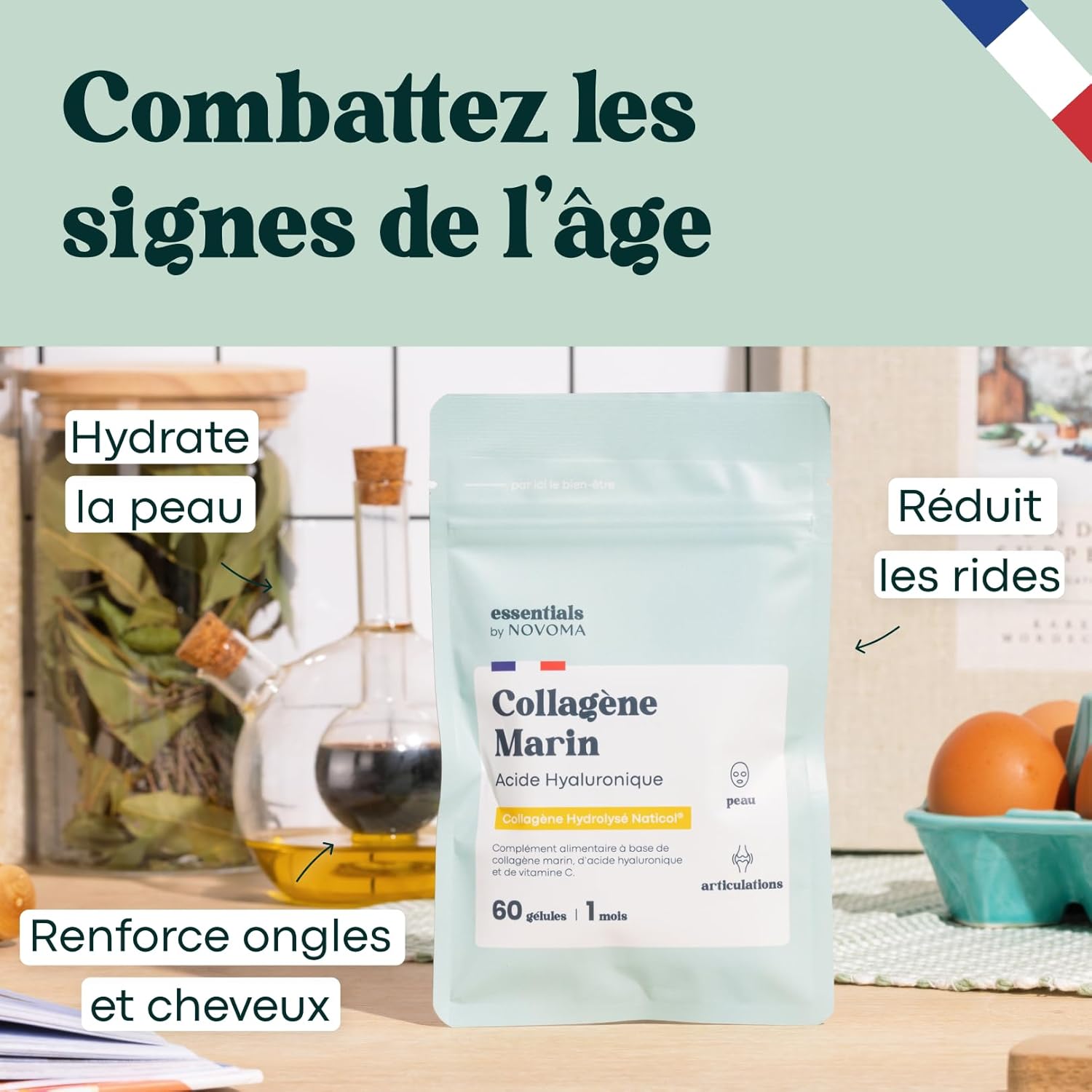 Collagène Marin + Acide Hyaluronique, Peau Hydratée et Articulations Fortes, Cure de 1 mois, 60 Gélules, Hydrolysé Type 1 Naticol®, Et Vitamine C, Made in France, Essentials by Novoma 60 unité (Lot de 1)