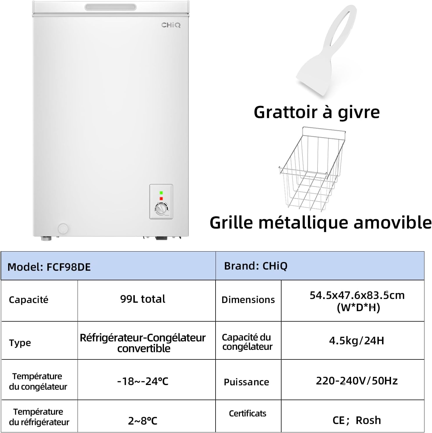 Congélateur coffre CHiQ 99L, 54,5 x 47,6 x 83,5 cm, Conception compacte, Congélation 4 étoiles, Contrôle du thermostat, Grille métallique, Porte stationnaire, Niveau sonore faible, Blanc FCF98DE 98L