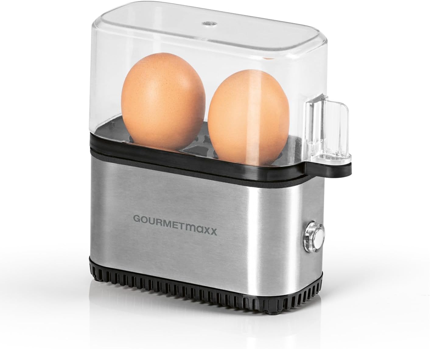 GOURMETmaxx Cuit-œufs pour 2 œufs - Egg Cooker électrique à économie d'énergie - Oeufs parfaits pour le petit déjeuner - Avec bol doseur & oeuf-pick - Design compact & sans BPA [Acier inoxydable]