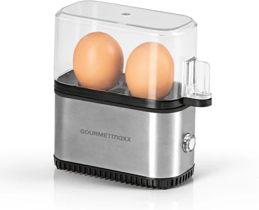 GOURMETmaxx Cuit-œufs pour 2 œufs - Egg Cooker électrique à économie d'énergie - Oeufs parfaits pour le petit déjeuner - Avec bol doseur & oeuf-pick - Design compact & sans BPA [Acier inoxydable]
