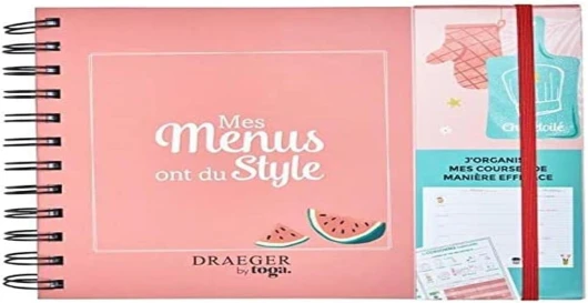 Draeger - Kit Menu Planner - J'organise Mes Courses et Mes Menus - Bloc Notes + Enveloppe de Rangement + Fiches détachables - Couverture Rigide, Fermeture Élastique