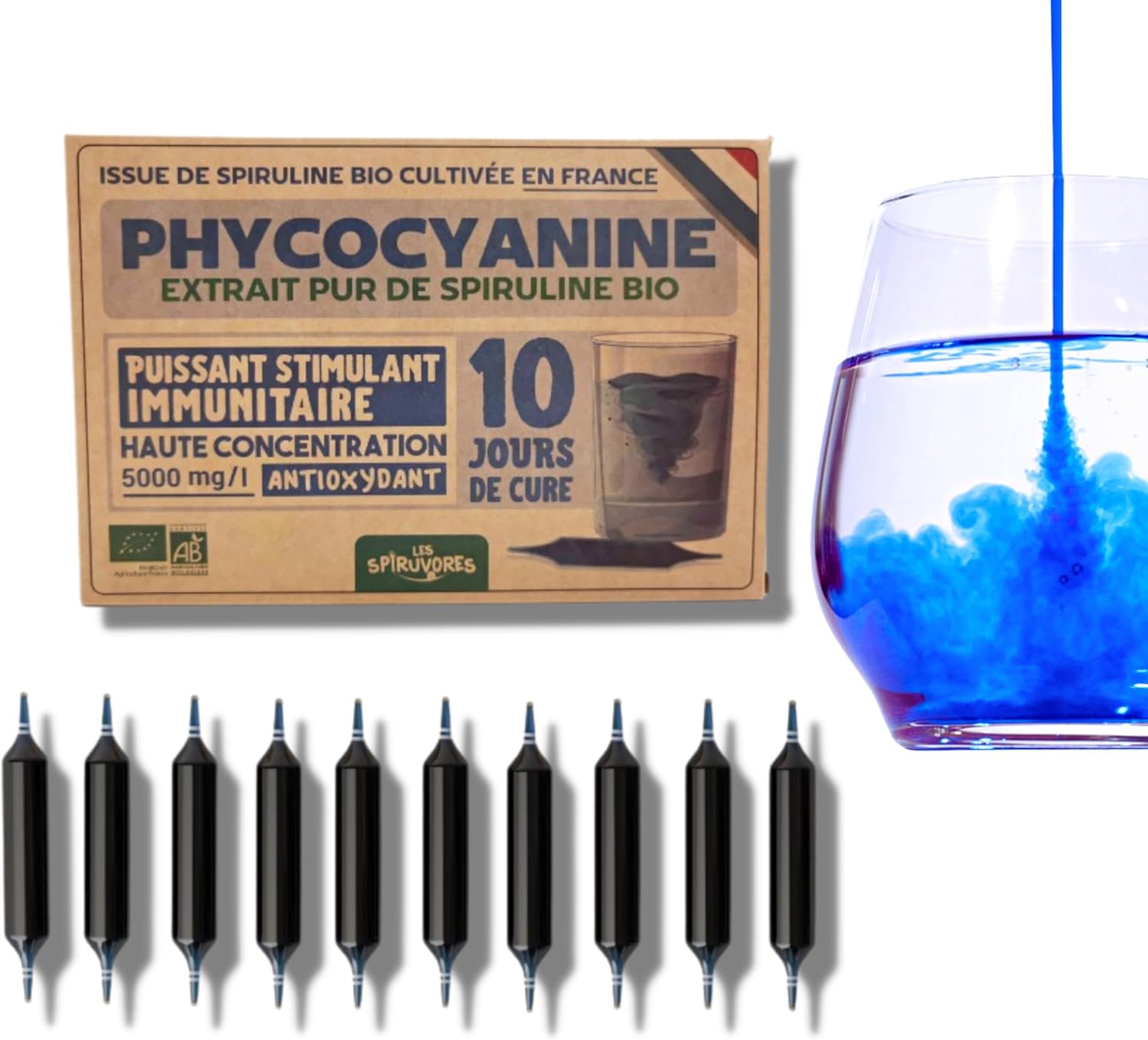 Les Spiruvores - Phycocyanine - Spiruline Bleue Bio - Concentrée à 5000mg/l (100 ml (Lot de 1) - Cure de 10 jours 1 unité (Lot de 10)