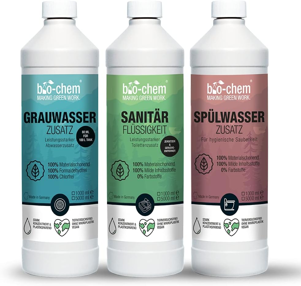 Bio-chem - Kit de 3 Produits de Nettoyage pour réservoir de Toilettes de Camping Car - Liquide sanitaire 1L - Additif sanitaire 1L - Additif pour eaux Grises 1L