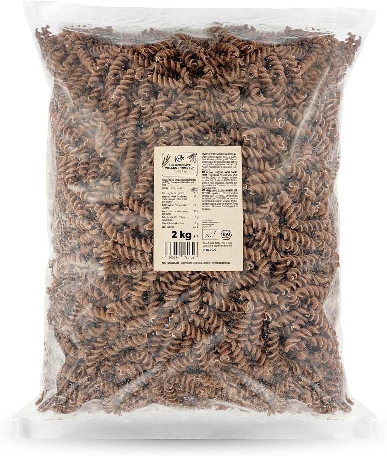 Pâtes au blé complet germé bio 2 kg - Nouilles spiralées pratiques