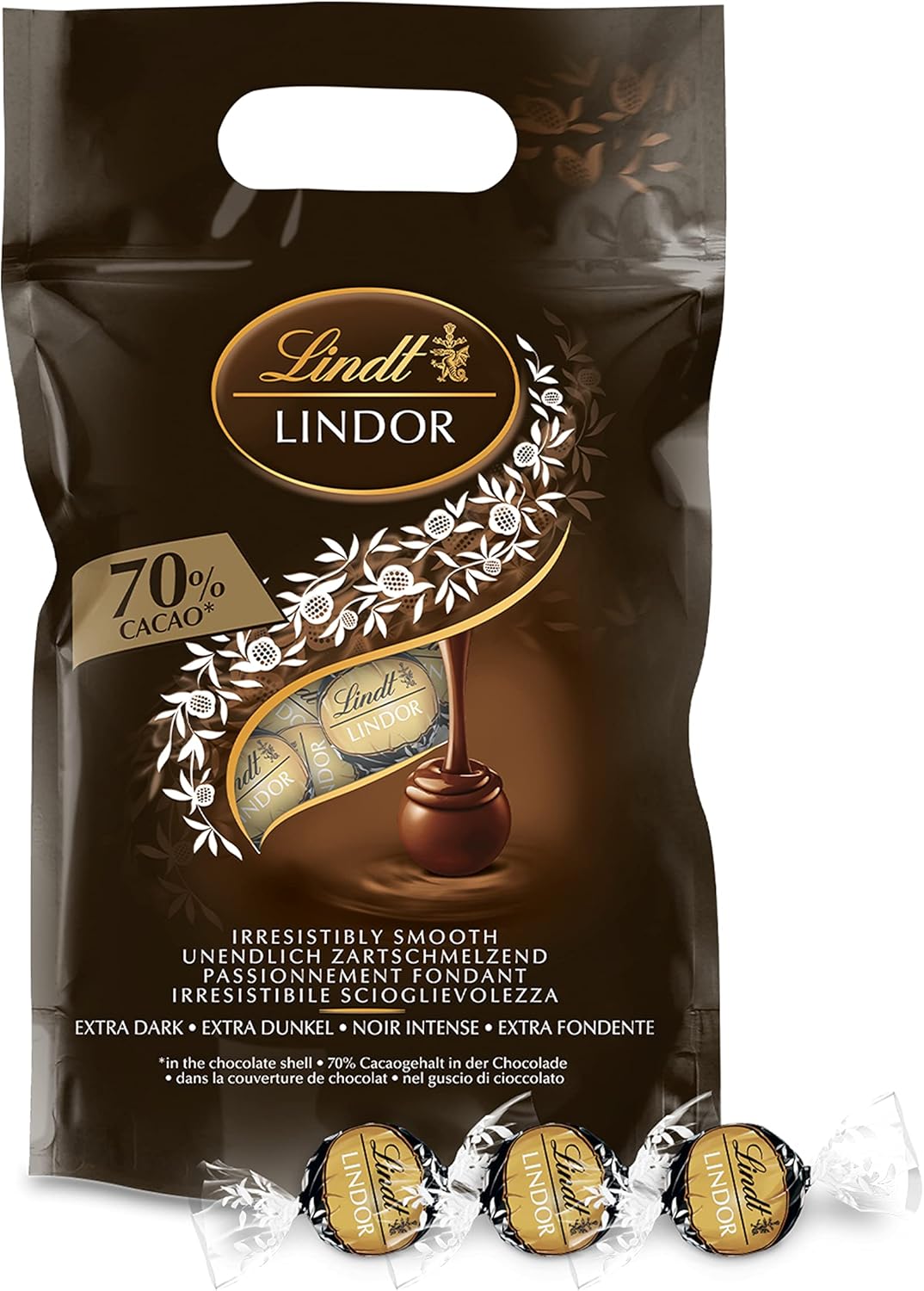 Sachet Grand format LINDOR - Chocolat Noir 70% Cacao - Cœur Fondant, 1Kg