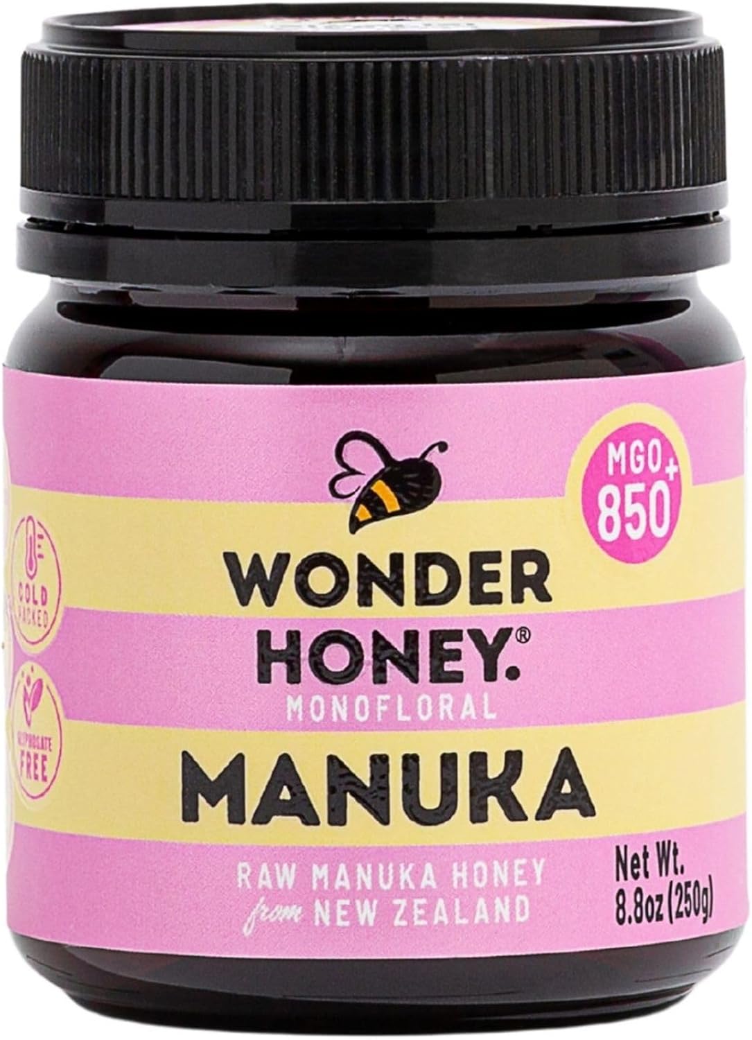Miel de Manuka Wonder Honey MGO 850+ Certifié (20+) Cru, Non Pasteurisé, Traçable, Non-OGM, Sans Pesticides, Emballé en Nouvelle-Zélande, Pot PET sans BPA - 250g 250 g (Lot de 1)
