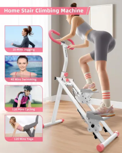 Stepper Escalier pour Maison, Vertical Climber Appareil de Fitness avec Guidon pour Entraînement Complet, Machine à Grimper Stable & 3 Hauteurs Réglables, Pliable Rose