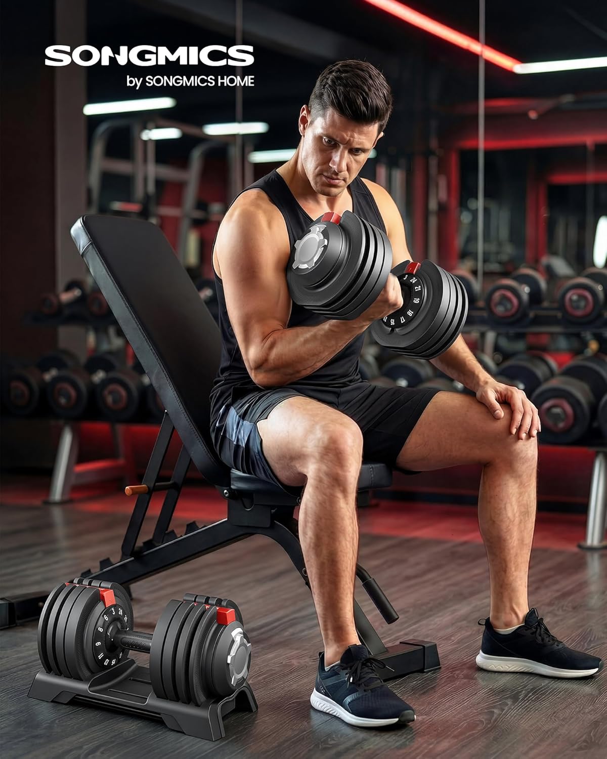 Lot de 2 Haltères Réglables 11 en 1, Gain de Place, Poignée Antidérapante, Plateaux de Rangement, Fitness et Musculation à domicile 2 x 24 kg