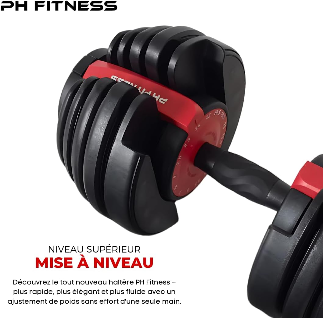 PH Fitness Haltère Réglable Premium 24 kg – Unité Unique – 15-en-1 avec Réglage à Une Main – 2,5 à 24 kg – Compact et Salvaspace pour Entraînement à la Maison Nero & Rosso