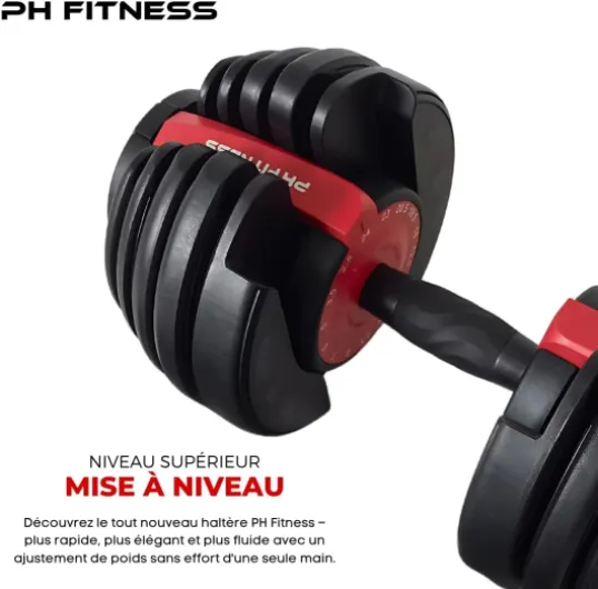PH Fitness Haltère Réglable Premium 24 kg – Unité Unique – 15-en-1 avec Réglage à Une Main – 2,5 à 24 kg – Compact et Salvaspace pour Entraînement à la Maison Nero & Rosso
