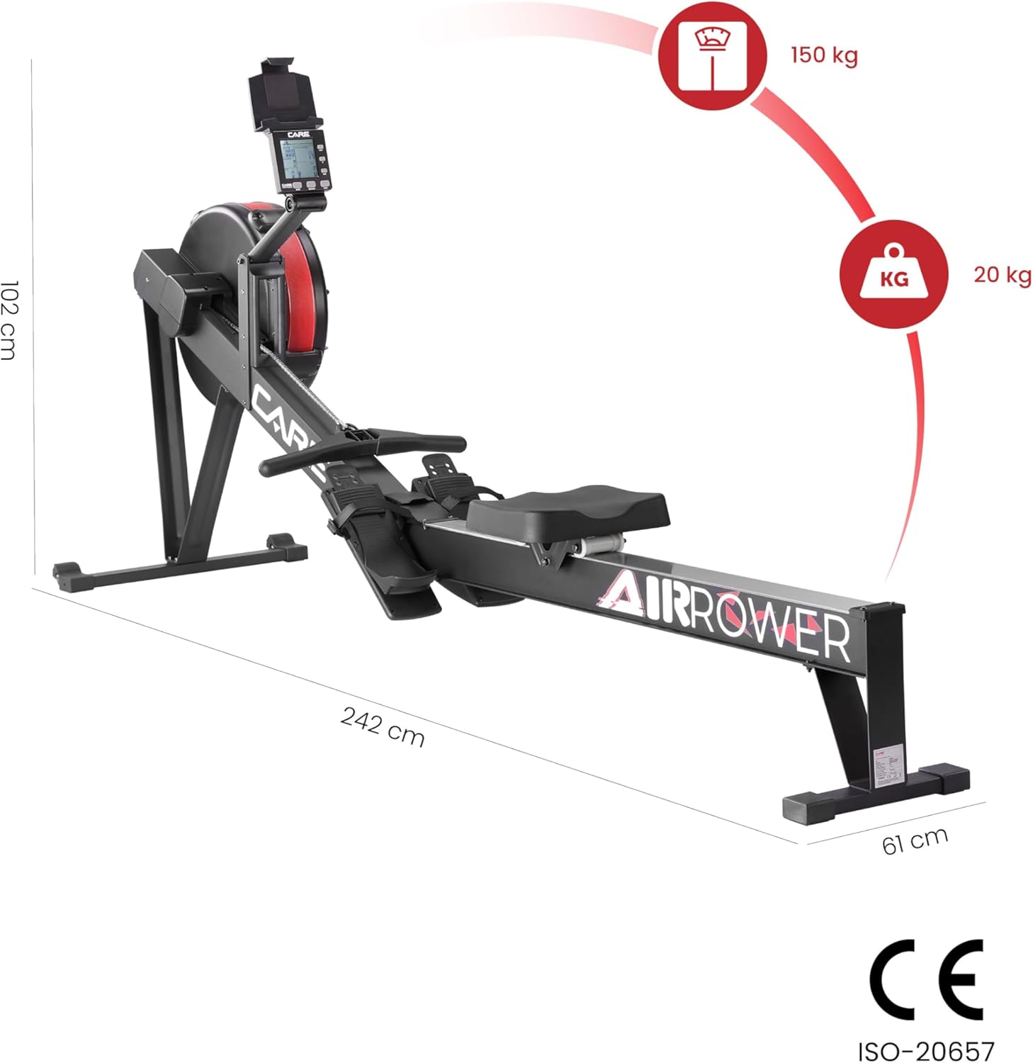 Rameur d'Appartement connecté - AIR Rower - Tirage Central à Chaîne - Système de Freinage à Air - 10 Niveaux de Résistance Ajustables - Fonctionnalités Avancées