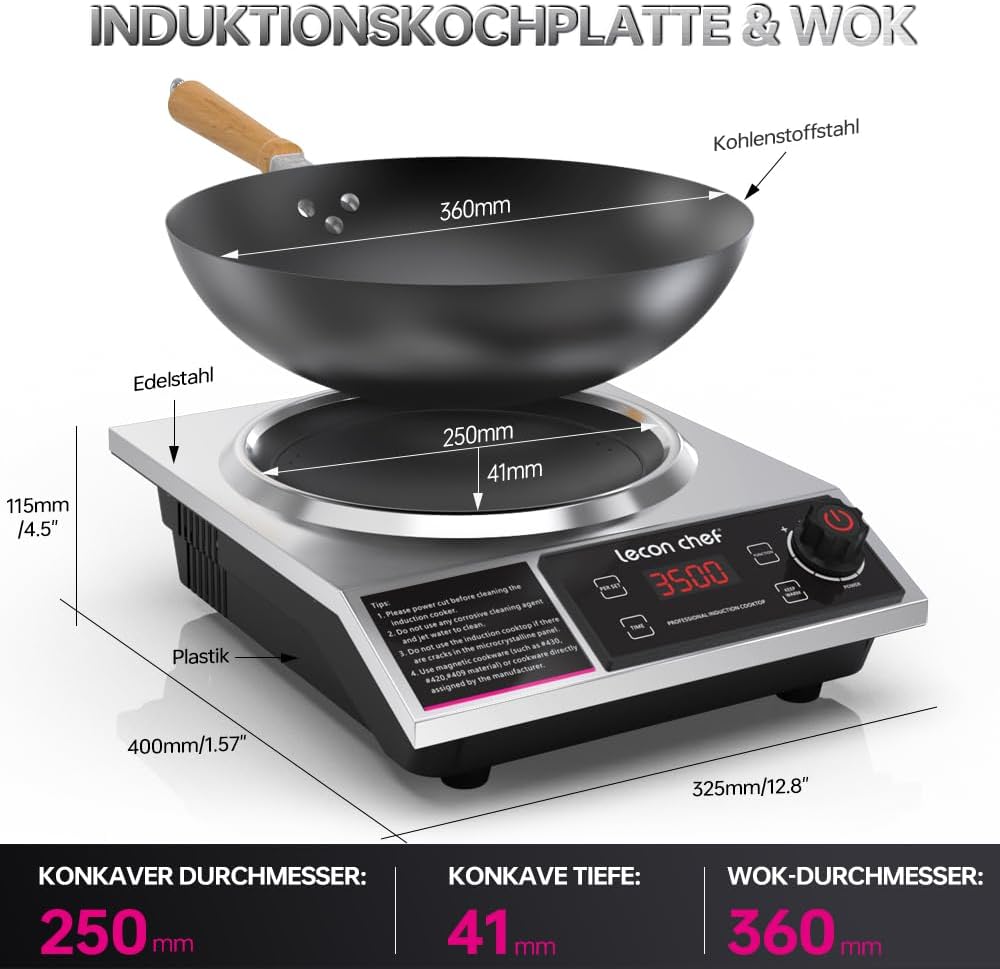 Plaque à induction avec wok, plaque à induction simple 3500W, plaques chauffantes, capacité de charge 60 KG, minuterie et préréglage, 11 réglages de température et de puissance