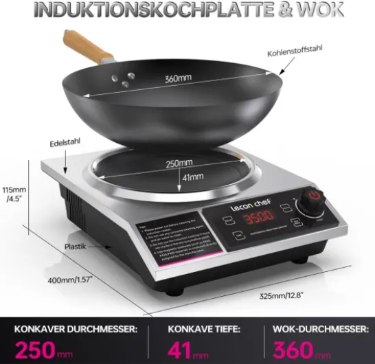 Plaque à induction avec wok, plaque à induction simple 3500W, plaques chauffantes, capacité de charge 60 KG, minuterie et préréglage, 11 réglages de température et de puissance