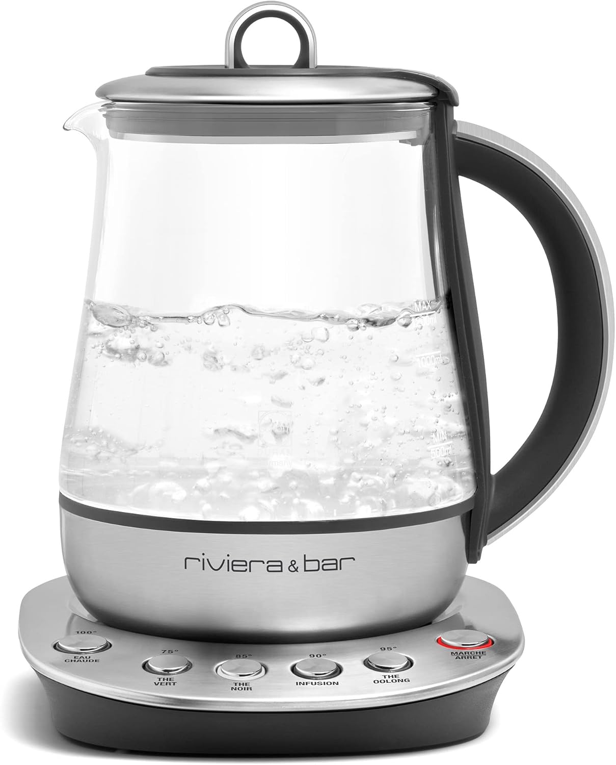 Riviera&bar Théière Bouilloire à Température Réglable - Idéale pour Infusions et Thés Verts, Noirs, Oolongs, Maintien au Chaud, Signal Sonore Désactivable - Verre Trempé et Inox