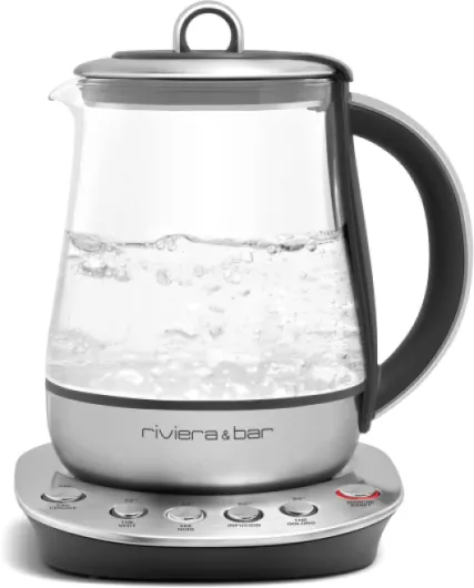 Riviera&bar Théière Bouilloire à Température Réglable - Idéale pour Infusions et Thés Verts, Noirs, Oolongs, Maintien au Chaud, Signal Sonore Désactivable - Verre Trempé et Inox