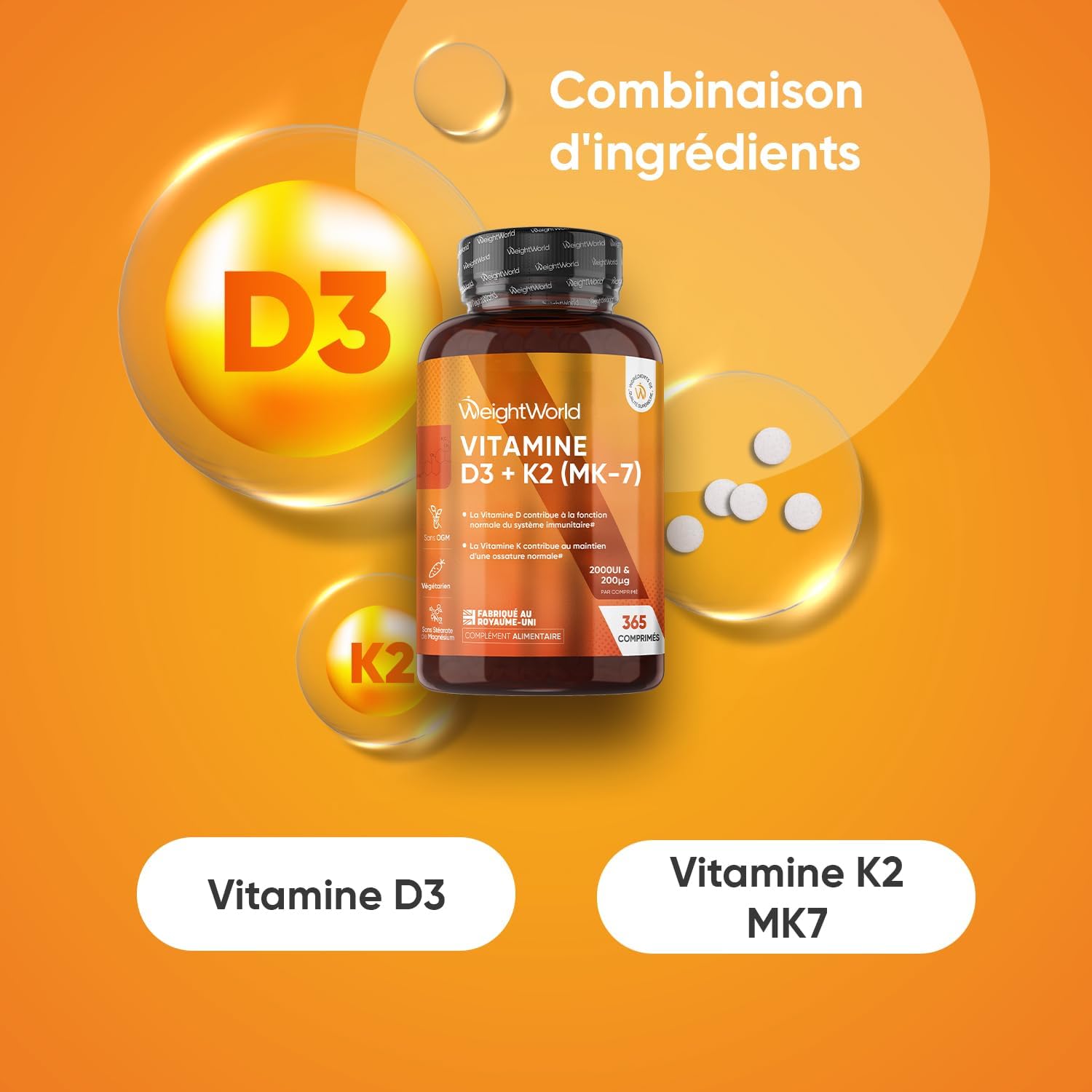 Vitamine D3 K2 MK7, 365 Micro-Comprimés Végétariens (pour 1 An), Combinaison Vit D3 2000UI Cholécalciférol avec Vitamine K2 MK7 200μg Ménaquinone, sans Stéarate de Magnésium