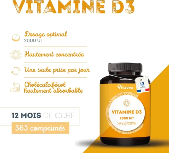 Vitamine D3-2000 UI - Défenses naturelles, immunité - Haut dosage - 1 an - Fabriqué en France - Vitavea