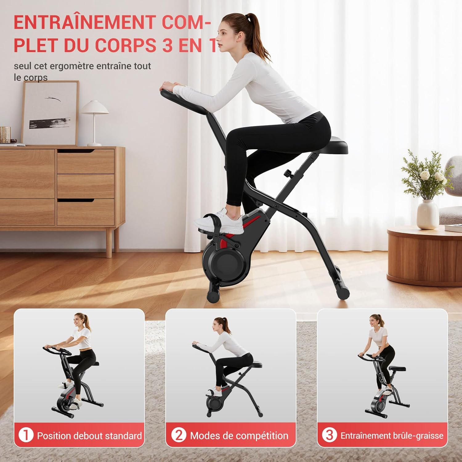 CURSOR velo d appartement pliable, 5-en-1 velo appartement pliable, équipé d'une résistance silencieuse à 16 niveaux - vélos d'appartement avec surveillance de la fréquence cardiaque et écran LED 3 IN 1 ‎Black