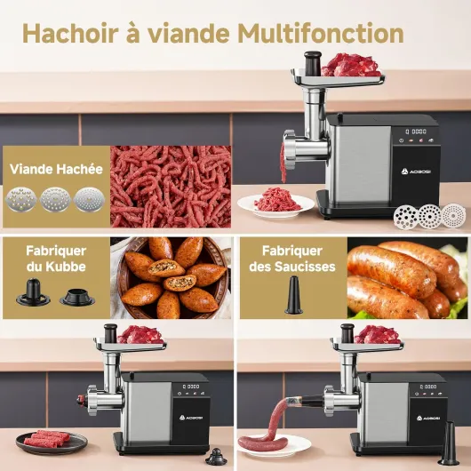Hachoir À Viande Électrique [3000W MAX] Avec Écran LED, 3 Vitesses, Hachoir À Viande Avec Système Anti-Blocage, Boîte de Rangement Intégrée, Peut Faire Saucisses & Kibbe, Idéal Pour La Maison Modèle Standard-acier Inoxydable