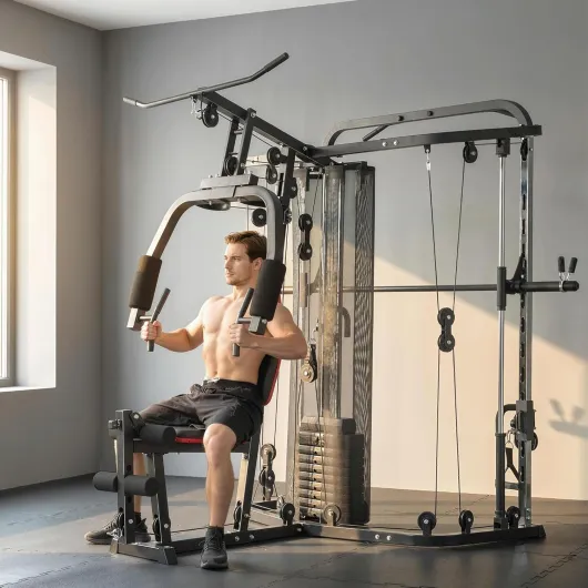 Station de musculation avec poids de 65 kg, barre de traction à latte, barre papillon, banc de préacher, banc de musculation des jambes, appareil multifonction Smith Machine Multistation