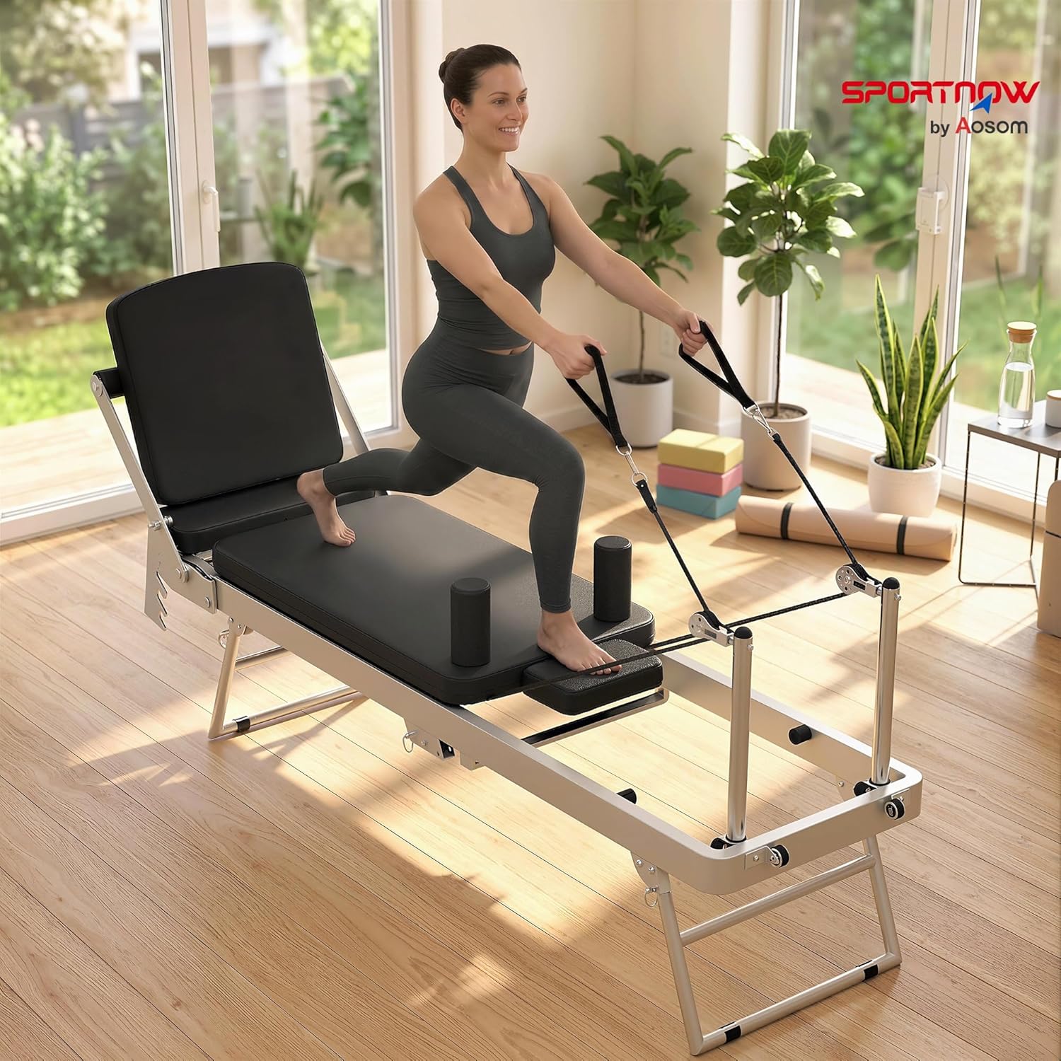 Machine Reformer Pilates Pliable, Système Hybride 4 Ressorts & 5 Cordes - Appareil de Pilates en Acier Haute Stabilité, Silencieux - Design Ultra-Compact 103cm pour Petit Espace, Blanc