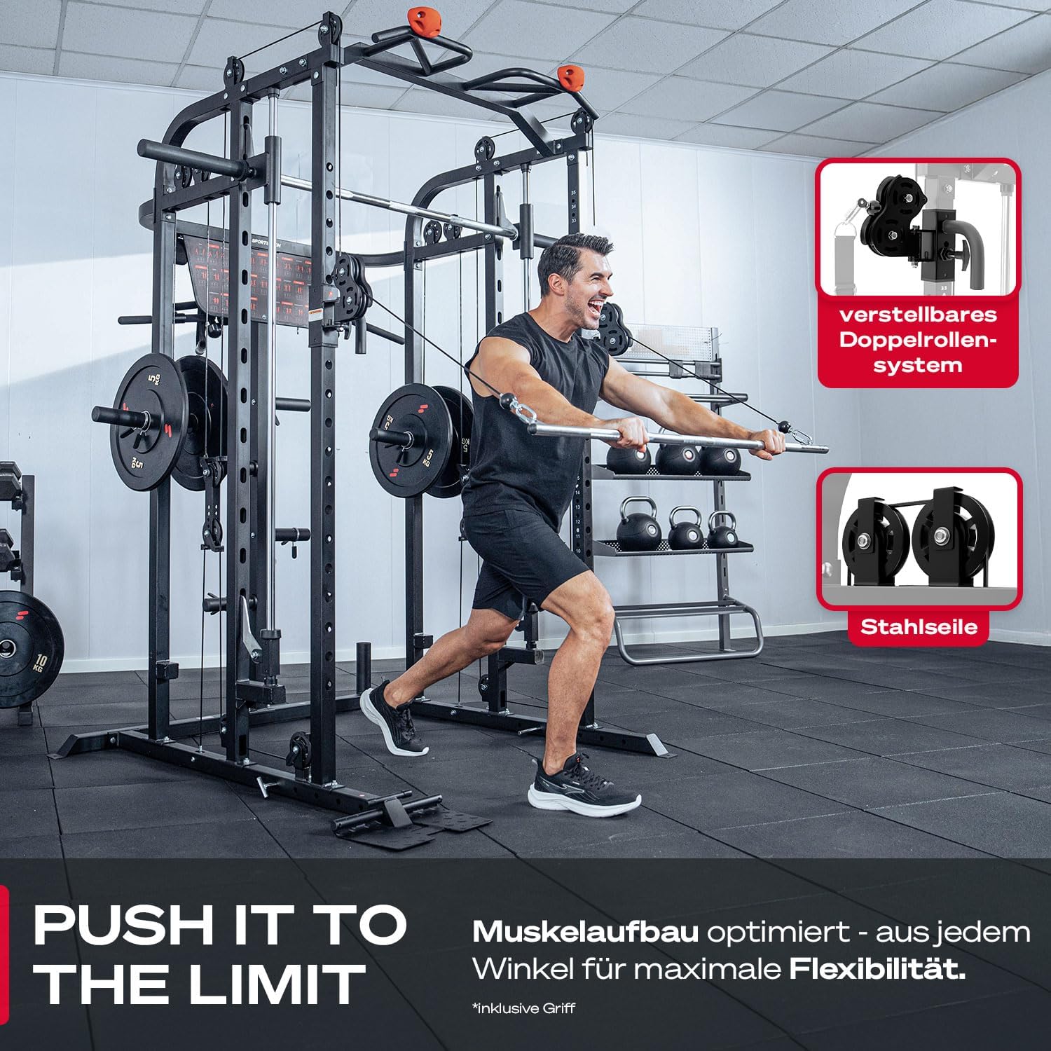 SXM150 Smith Machine de musculation à la maison avec câble de traction, barre d'haltères, développé couché, multipresse, pour disques de poids, station de musculation avec poignées