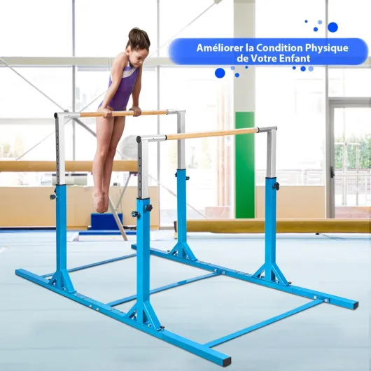 Barres Parallèles de Gymnastique Hauteur Réglable 11 Niveaux, Double Barre Gymnastique à Largeur Réglable Charge 100KG, Entraînement pour Enfants 6 à 12 Ans Bleu