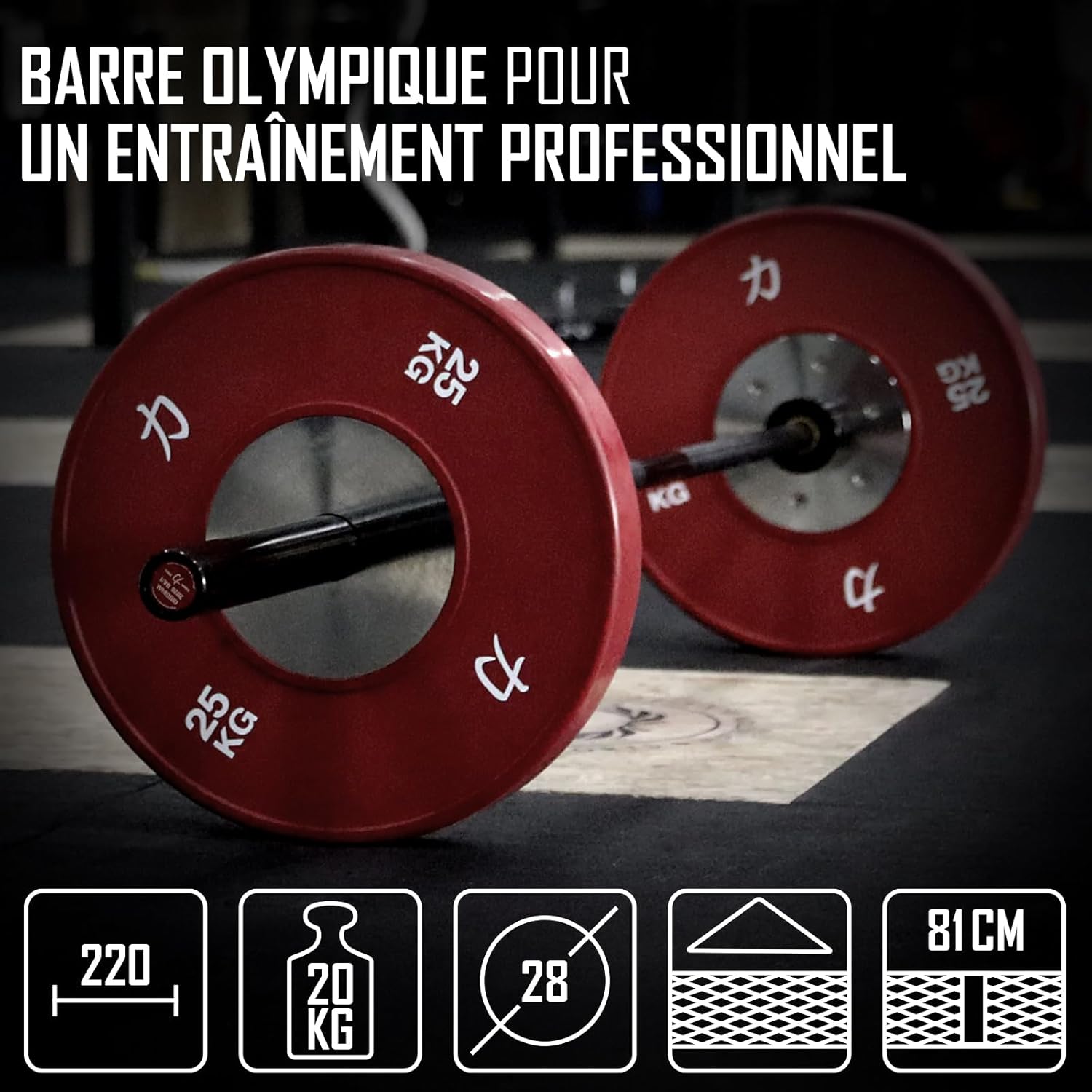 Barre olympique 20kg 220cm de long & 28mm ⌀, barre musculation en acier avec prise de disques 50mm et moletage agressif, parfaite comme barbell pour squats, soulevé de terre & plus - E-Coat