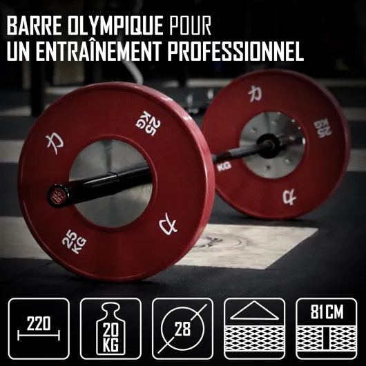 Barre olympique 20kg 220cm de long & 28mm ⌀, barre musculation en acier avec prise de disques 50mm et moletage agressif, parfaite comme barbell pour squats, soulevé de terre & plus - E-Coat