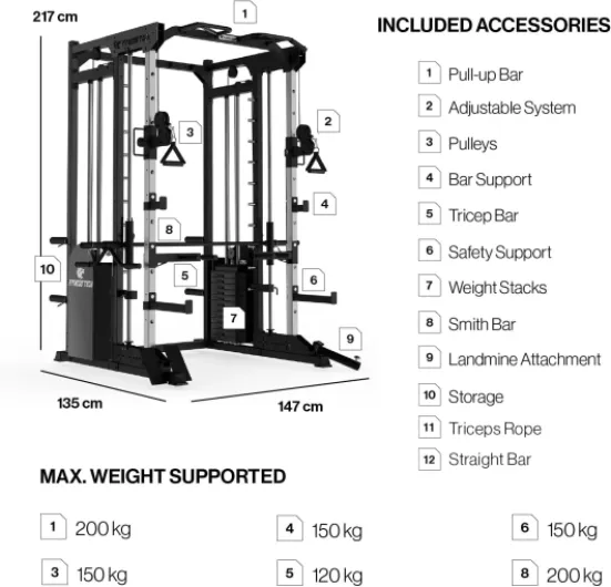 Smith Machine S8000, Appareil de Musculation Multifonctionnel pour la Maison, Station d'entraînement complète avec poulies et Poids, 135 x 147 x 217 cm