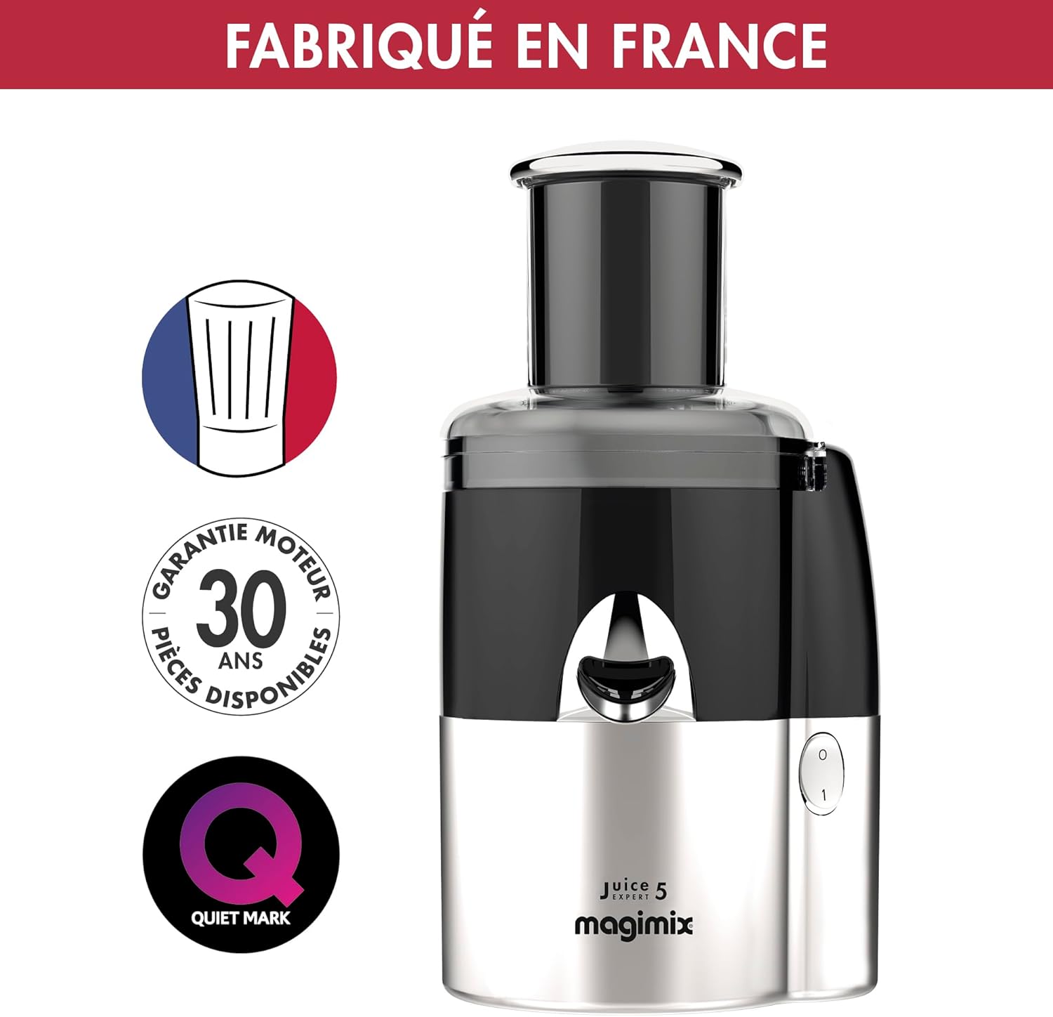 Extracteur de Jus Multifonction 5-en-1 - Juice Expert 5 – Presse-Agrumes, Extracteur à Froid, Coupe-Légumes & Spiraliseur, Ultra-Silencieux, Fabriqué en France, Noir