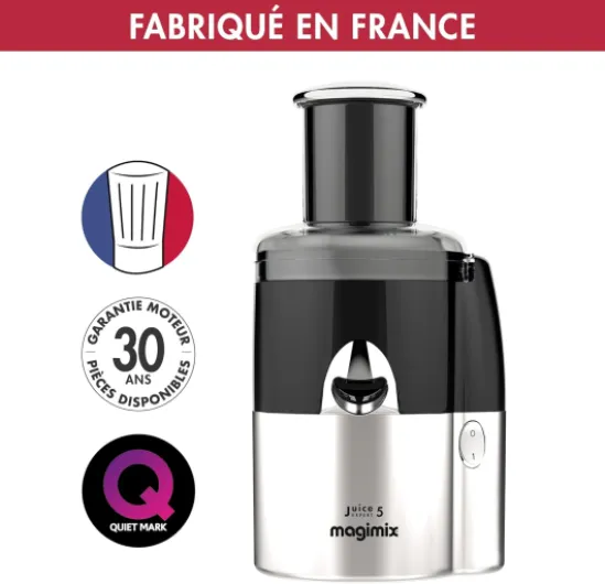 Extracteur de Jus Multifonction 5-en-1 - Juice Expert 5 – Presse-Agrumes, Extracteur à Froid, Coupe-Légumes & Spiraliseur, Ultra-Silencieux, Fabriqué en France, Noir