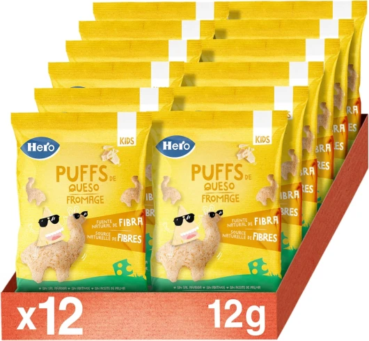 Hero Kids - Puff Snack de Fromage, Ingrédients 100% Naturel, Source Naturelles de Fibres, Sans sel ajoutés, Sans Huile de Palme, Sans Additifs, Snack pour enfants, Pack de 12 x 12g